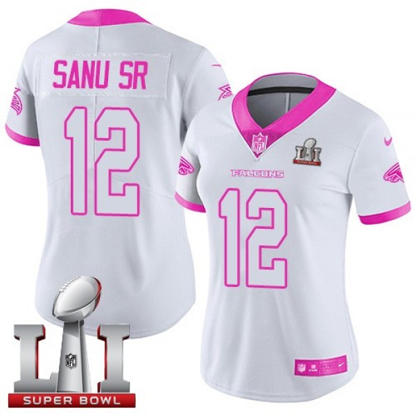 Women's Falcons #12 Mohamed Sanu Sr White Pink Super Bowl LI 51 Stitched NFL Limited Rush Jersey
