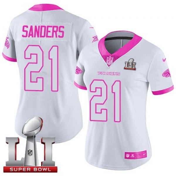 Women's Falcons #21 Deion Sanders White Pink Super Bowl LI 51 Stitched NFL Limited Rush Jersey