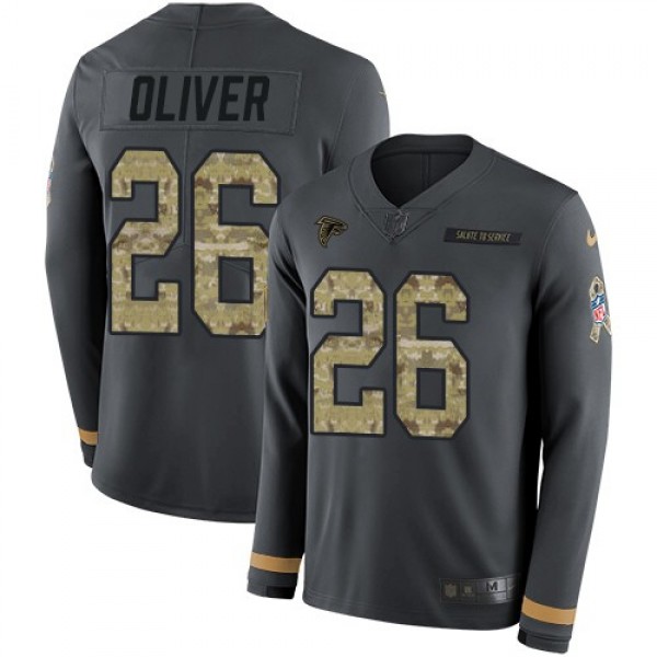 Nike Falcons #26 Isaiah Oliver Anthracite Salute to Service Men's Stitched NFL Limited Therma Long Sleeve Jersey