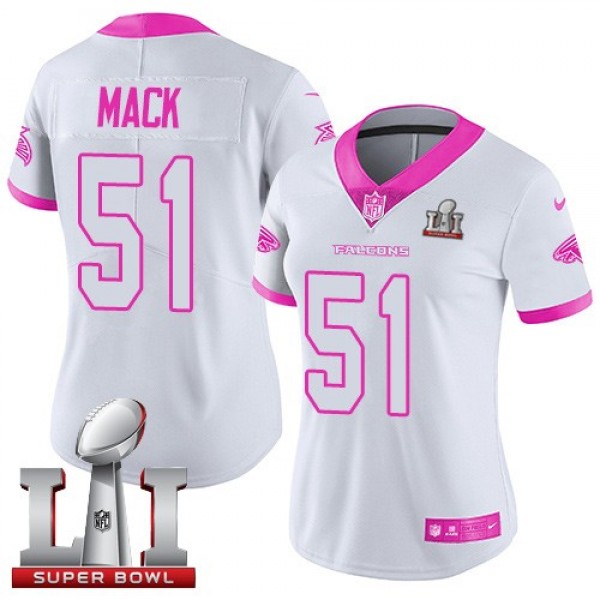 Women's Falcons #51 Alex Mack White Pink Super Bowl LI 51 Stitched NFL Limited Rush Jersey