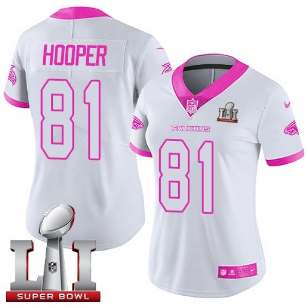 Women's Falcons #81 Austin Hooper White Pink Super Bowl LI 51 Stitched NFL Limited Rush Jersey