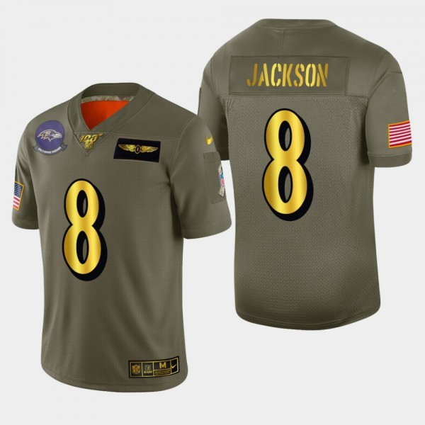 Baltimore Ravens #8 Lamar Jackson Men's Nike Olive Gold 2019 Salute to Service Limited NFL 100 Jersey