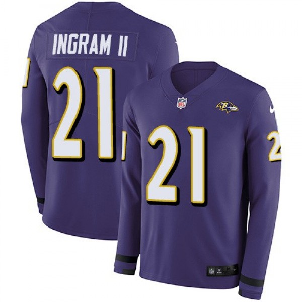 Nike Ravens #21 Mark Ingram II Purple Team Color Men's Stitched NFL Limited Therma Long Sleeve Jersey