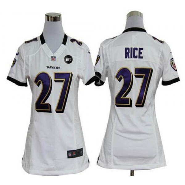 Women's Ravens #27 Ray Rice White With Art Patch Stitched NFL Elite Jersey