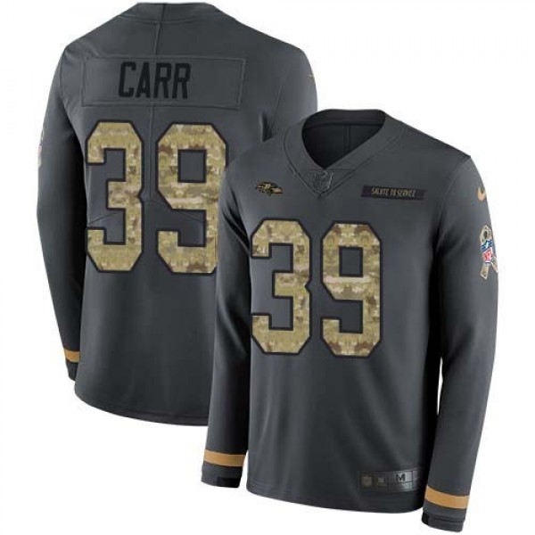 Nike Ravens #39 Brandon Carr Anthracite Salute to Service Men's Stitched NFL Limited Therma Long Sleeve Jersey