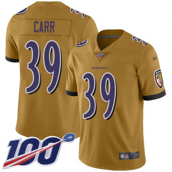 Nike Ravens #39 Brandon Carr Gold Men's Stitched NFL Limited Inverted Legend 100th Season Jersey