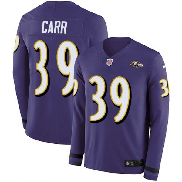 Nike Ravens #39 Brandon Carr Purple Team Color Men's Stitched NFL Limited Therma Long Sleeve Jersey