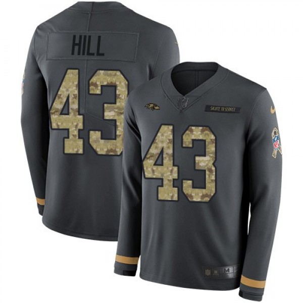 Nike Ravens #43 Justice Hill Anthracite Salute to Service Men's Stitched NFL Limited Therma Long Sleeve Jersey