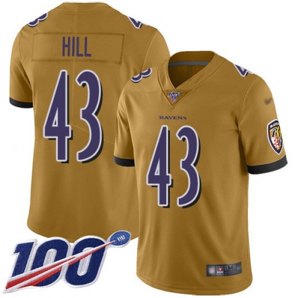 Nike Ravens #43 Justice Hill Gold Men's Stitched NFL Limited Inverted Legend 100th Season Jersey
