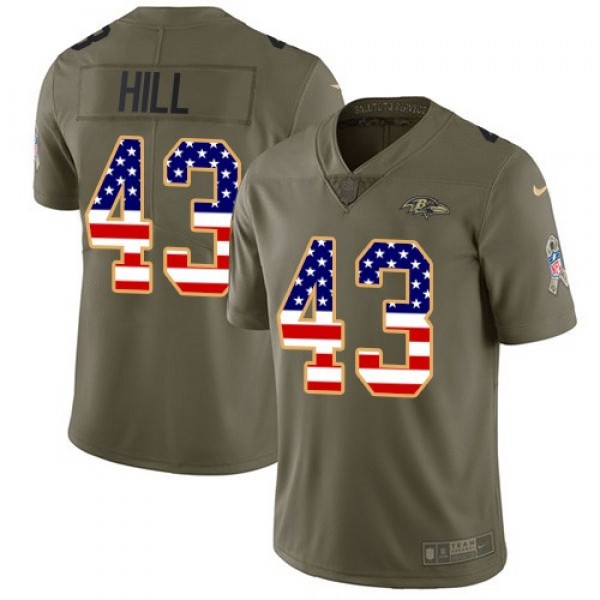 Nike Ravens #43 Justice Hill Olive/USA Flag Men's Stitched NFL Limited 2017 Salute To Service Jersey