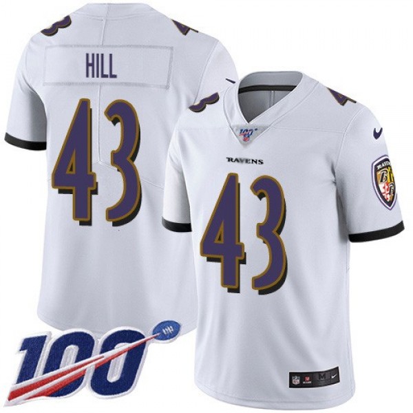 Nike Ravens #43 Justice Hill White Men's Stitched NFL 100th Season Vapor Untouchable Limited Jersey