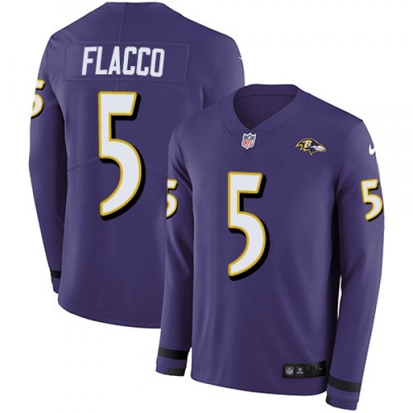 Nike Ravens #5 Joe Flacco Purple Team Color Men's Stitched NFL Limited Therma Long Sleeve Jersey