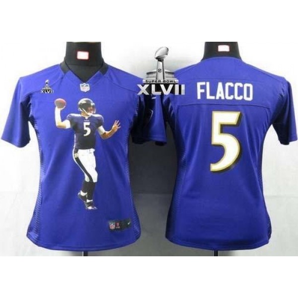 Women's Ravens #5 Joe Flacco Purple Team Color Super Bowl XLVII Portrait NFL Game Jersey