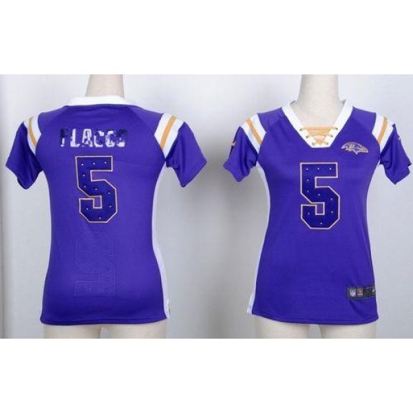 Women's Ravens #5 Joe Flacco Purple Stitched NFL Elite Light Diamond Jersey