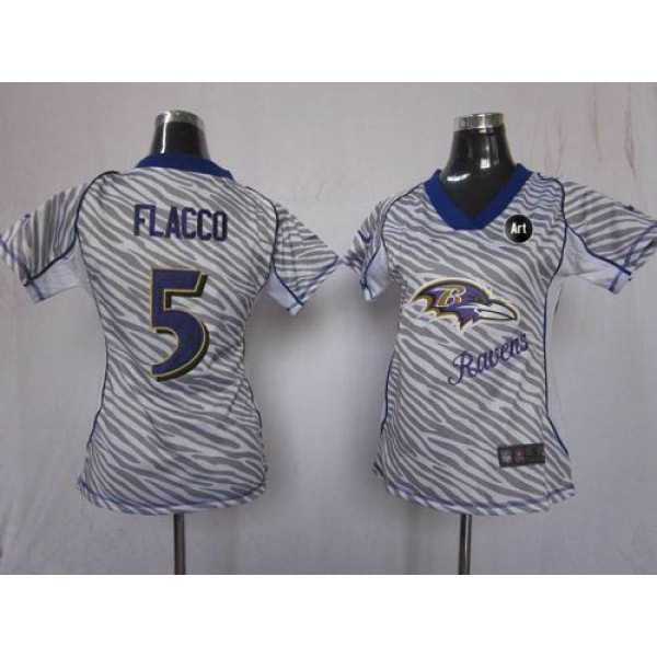 Women's Ravens #5 Joe Flacco Zebra With Art Patch Stitched NFL Elite Jersey