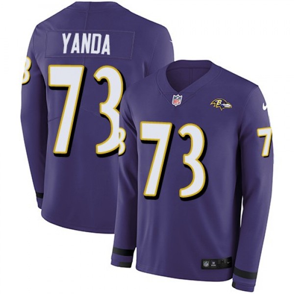Nike Ravens #73 Marshal Yanda Purple Team Color Men's Stitched NFL Limited Therma Long Sleeve Jersey