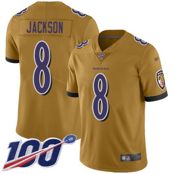 Nike Ravens #8 Lamar Jackson Gold Men's Stitched NFL Limited Inverted Legend 100th Season Jersey