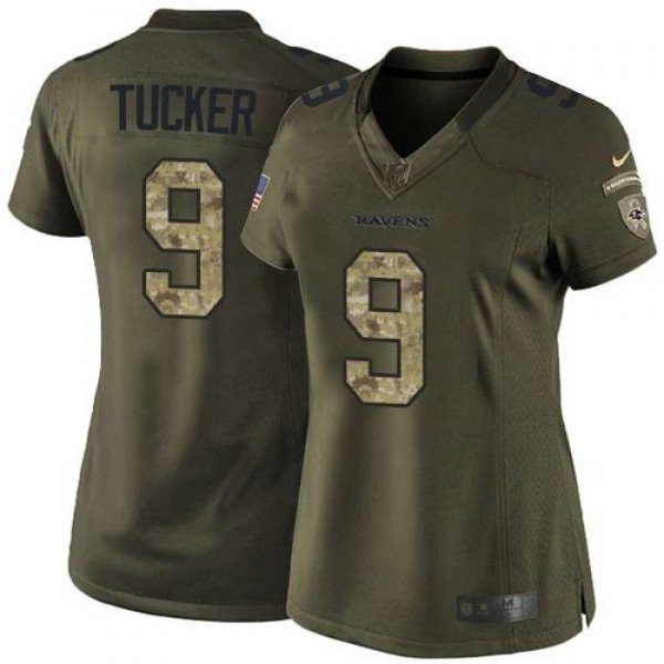 Women's Ravens #9 Justin Tucker Green Stitched NFL Limited Salute to Service Jersey