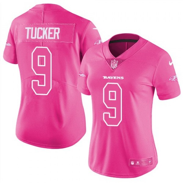 Women's Ravens #9 Justin Tucker Pink Stitched NFL Limited Rush Jersey