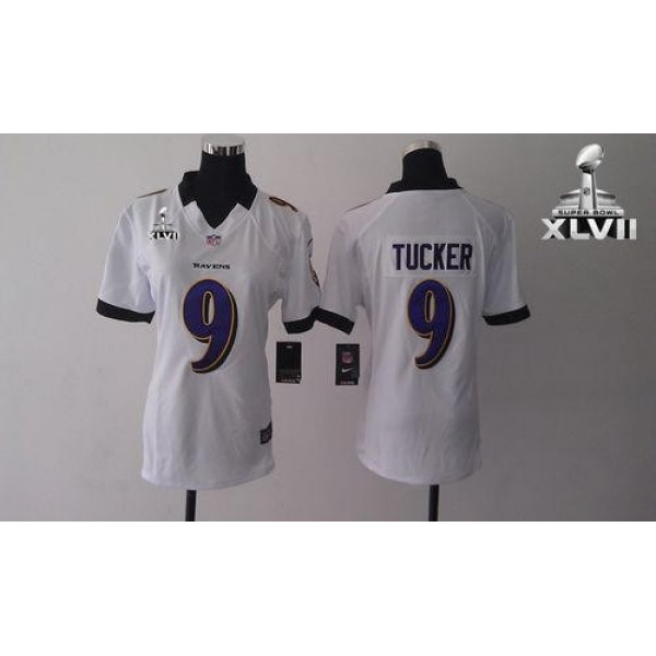 Women's Ravens #9 Justin Tucker White Super Bowl XLVII Stitched NFL Elite Jersey