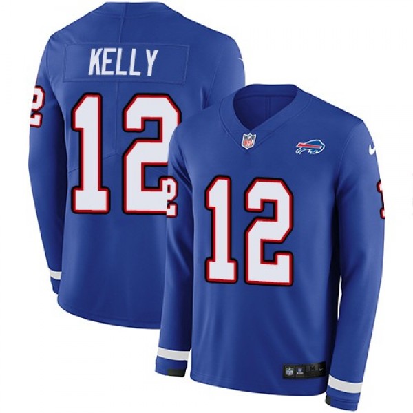 Nike Bills #12 Jim Kelly Royal Blue Team Color Men's Stitched NFL Limited Therma Long Sleeve Jersey