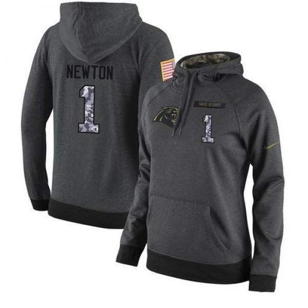 Women's NFL Carolina Panthers #1 Cam Newton Stitched Black Anthracite Salute to Service Player Hoodie Jersey