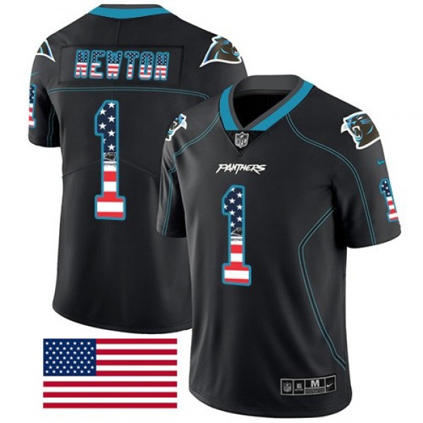 Nike Panthers #1 Cam Newton Black Men's Stitched NFL Limited Rush USA Flag Jersey