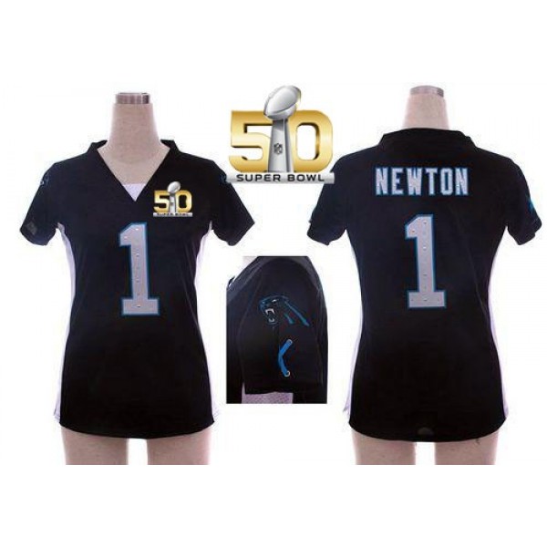 Women's Panthers #1 Cam Newton Black Team Color Draft Him Name Number Top Super Bowl 50 Stitched NFL Elite Jersey