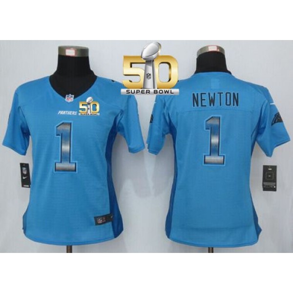 Women's Panthers #1 Cam Newton Blue Alternate Super Bowl 50 Stitched NFL Elite Strobe Jersey