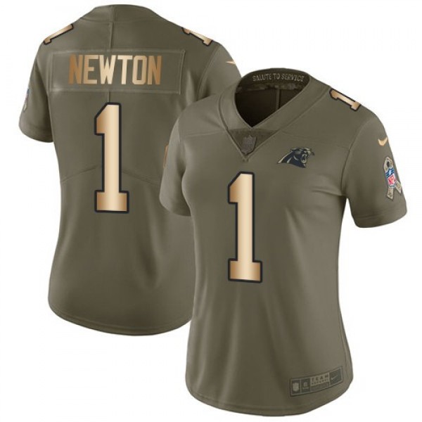 Women's Panthers #1 Cam Newton Olive Gold Stitched NFL Limited 2017 Salute to Service Jersey