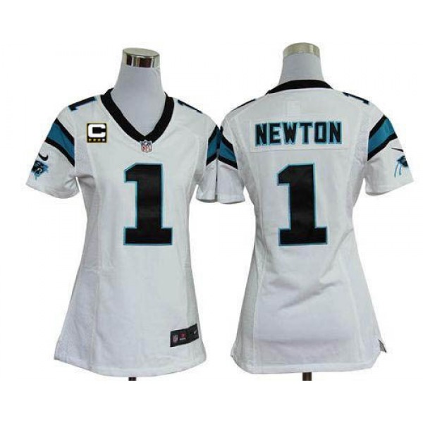 Women's Panthers #1 Cam Newton White With C Patch Stitched NFL Elite Jersey