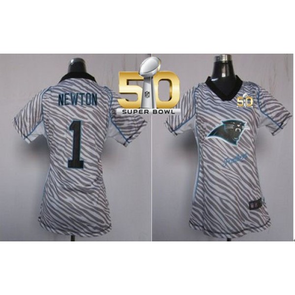Women's Panthers #1 Cam Newton Zebra Super Bowl 50 Stitched NFL Elite Jersey