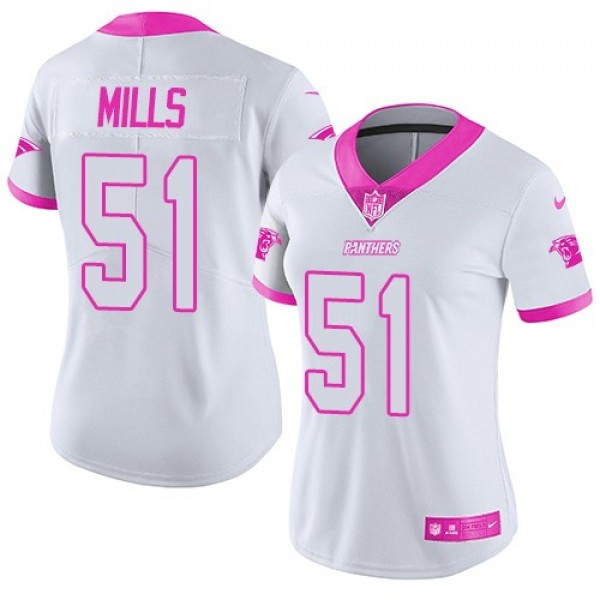 Women's Panthers #51 Sam Mills White Pink Stitched NFL Limited Rush Jersey