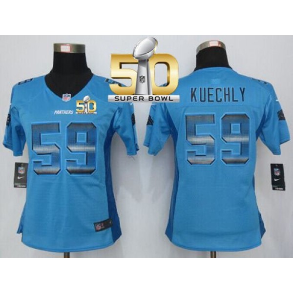 Women's Panthers #59 Luke Kuechly Blue Alternate Super Bowl 50 Stitched NFL Elite Strobe Jersey