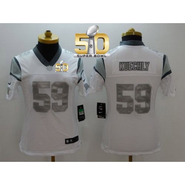 Women's Panthers #59 Luke Kuechly White Super Bowl 50 Stitched NFL Limited Platinum Jersey