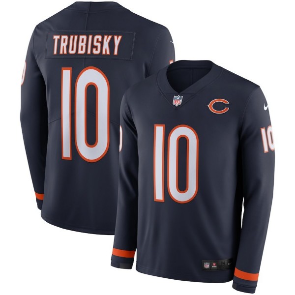 Men's Bears #10 Mitchell Trubisky Navy Blue Team Color Men's Stitched NFL Limited Therma Long Sleeve Jersey