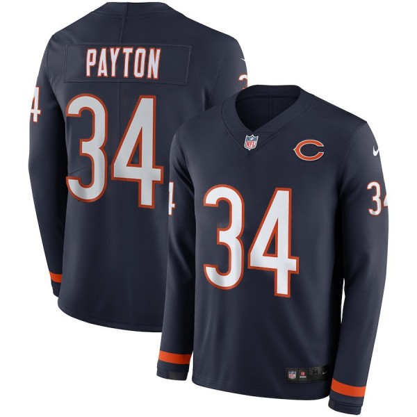 Men's Bears #34 Walter Payton Navy Blue Team Color Men's Stitched NFL Limited Therma Long Sleeve Jersey