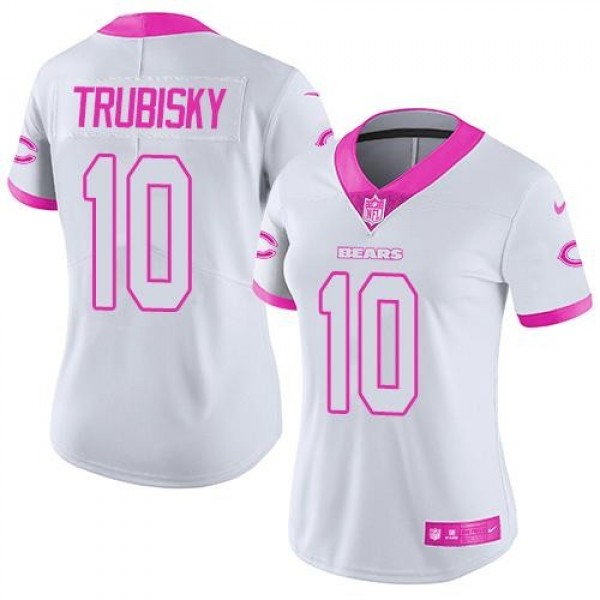Women's Bears #10 Mitchell Trubisky White Pink Stitched NFL Limited Rush Jersey