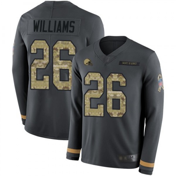 Nike Browns #26 Greedy Williams Anthracite Salute to Service Men's Stitched NFL Limited Therma Long Sleeve Jersey