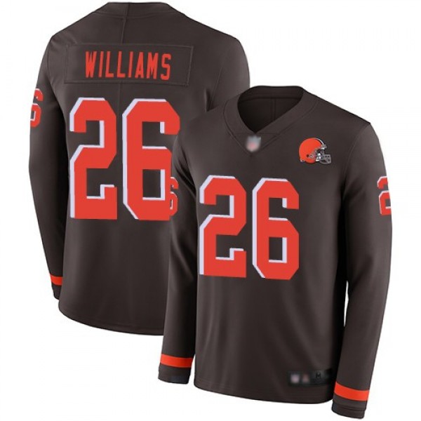 Nike Browns #26 Greedy Williams Brown Team Color Men's Stitched NFL Limited Therma Long Sleeve Jersey