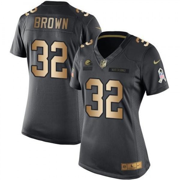 Women's Browns #32 Jim Brown Black Stitched NFL Limited Gold Salute to Service Jersey