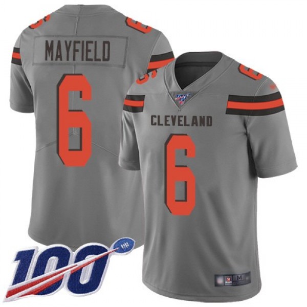 Nike Browns #6 Baker Mayfield Gray Men's Stitched NFL Limited Inverted Legend 100th Season Jersey