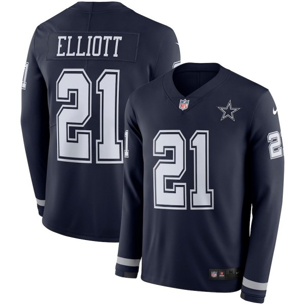 Men's Cowboys #21 Ezekiel Elliott Navy Blue Team Color Men's Stitched NFL Limited Therma Long Sleeve Jersey