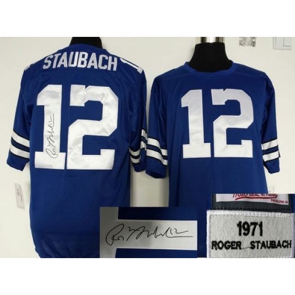 Mitchell And Ness Autographed Cowboys #12 Roger Staubach Blue Throwback Stitched NFL Jersey