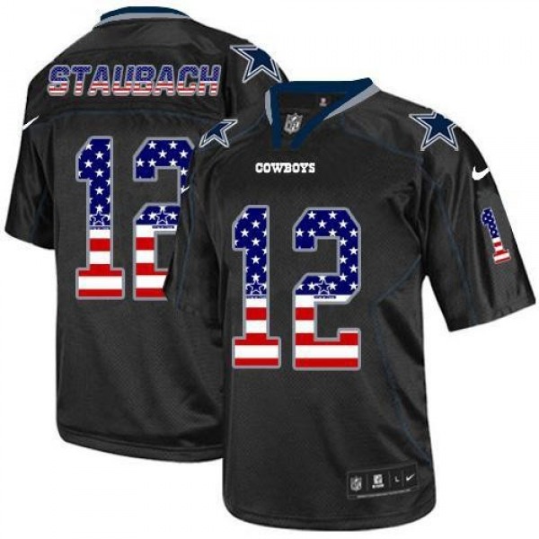 Nike Cowboys #12 Roger Staubach Black Men's Stitched NFL Elite USA Flag Fashion Jersey