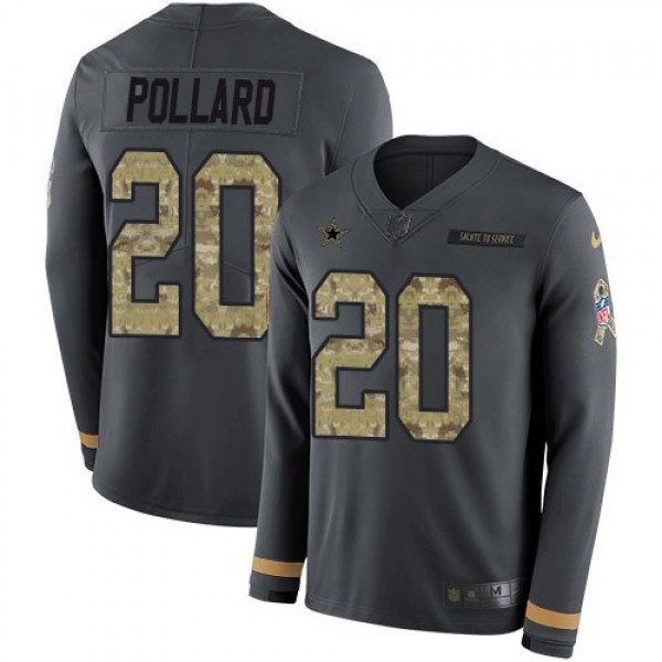 Nike Cowboys #20 Tony Pollard Anthracite Salute to Service Men's Stitched NFL Limited Therma Long Sleeve Jersey