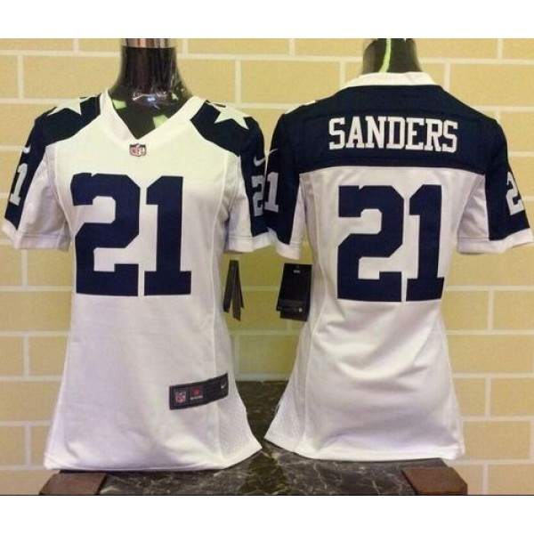 Women's Cowboys #21 Deion Sanders White Thanksgiving Throwback Stitched NFL Elite Jersey