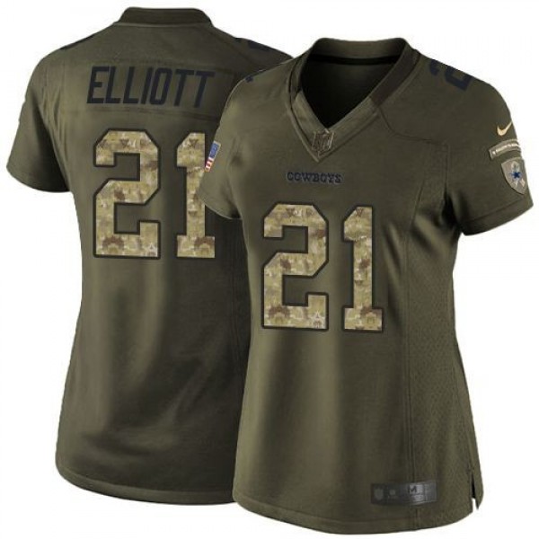 Women's Cowboys #21 Ezekiel Elliott Green Stitched NFL Limited Salute to Service Jersey
