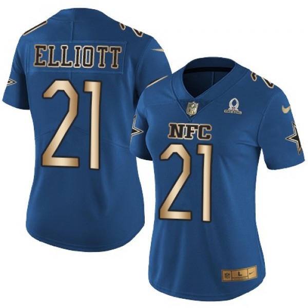 Women's Cowboys #21 Ezekiel Elliott Navy Stitched NFL Limited Gold NFC 2017 Pro Bowl Jersey