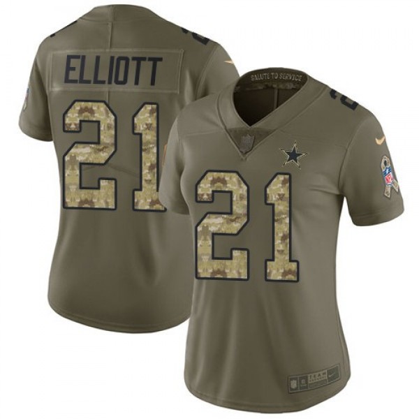 Women's Cowboys #21 Ezekiel Elliott Olive Camo Stitched NFL Limited 2017 Salute to Service Jersey